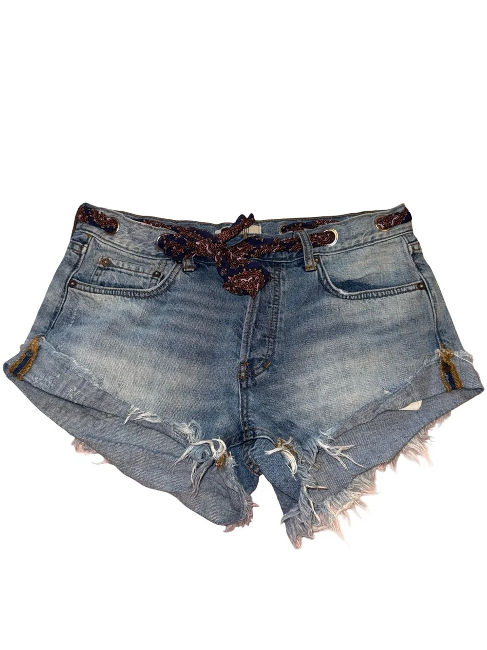 Free People We The Free Size 28 Distressed Denim Cutoff Shorts Paisley Belt